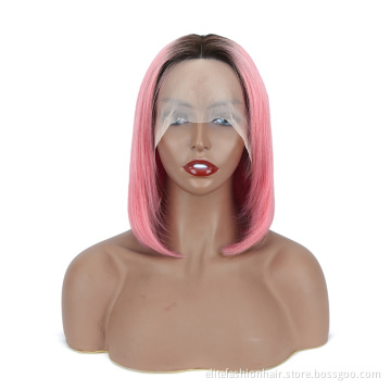 Short Human Hair Straight bob Wig 150% Density Brazilian Virgin hair T1B hot pink T part Lace Front Wig Human Hair for Women